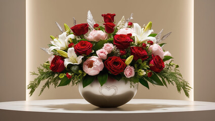 Elegant floral arrangement with assorted roses and lilies designed for a special occasion in an indoor setting