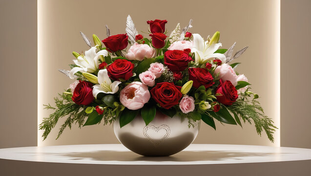 Elegant floral arrangement with assorted roses and lilies designed for a special occasion in an indoor setting