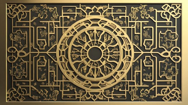 Golden ornate screen, intricate design, dark background, Asian art, home decor