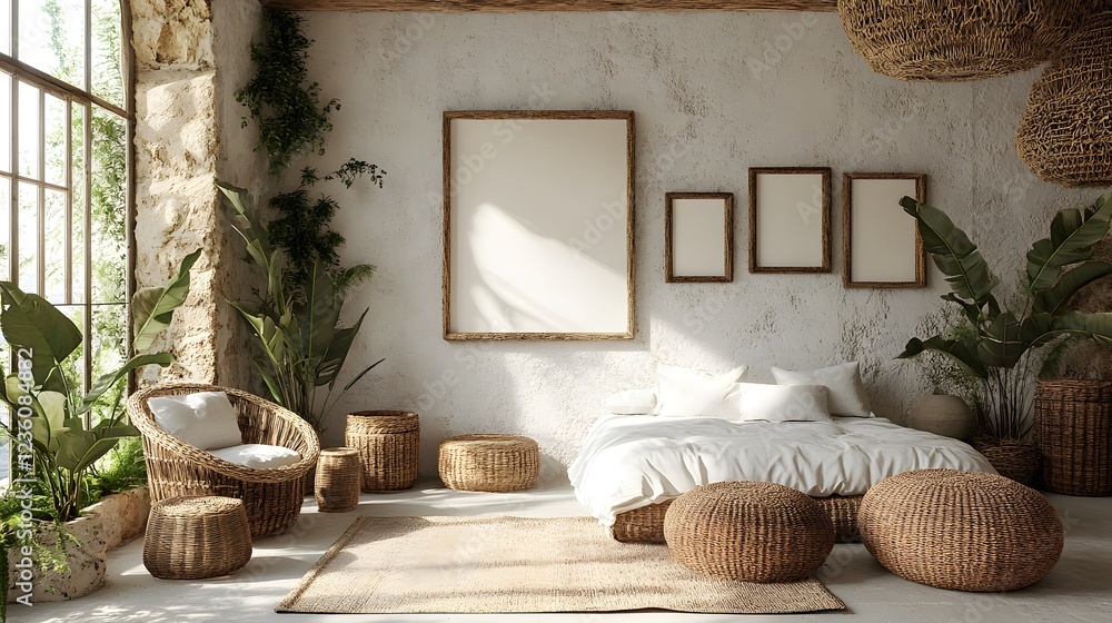 Aufkleber coastal bedroom interior mockup white walls rattan furniture and empty frames displayed from multipl