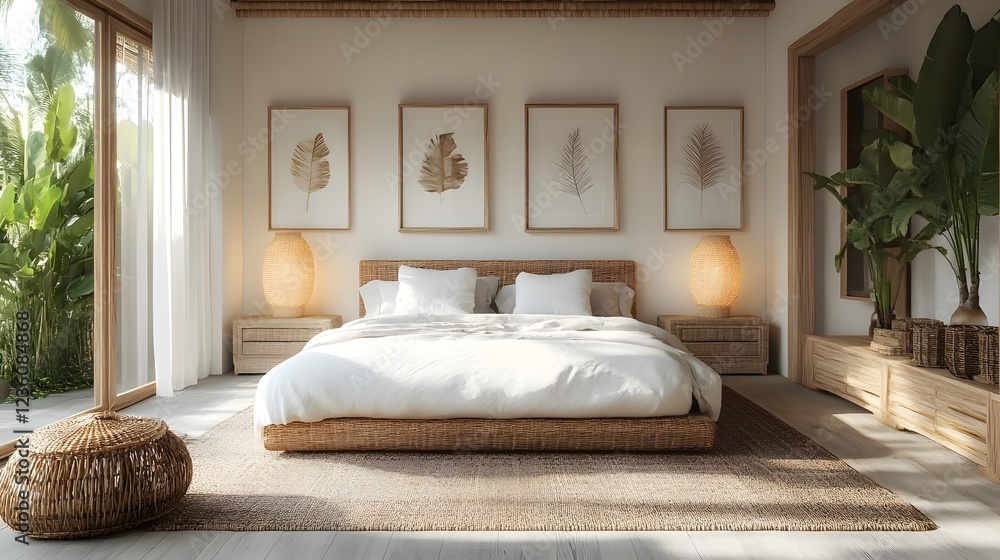 Poster coastal bedroom mockup white walls rattan furniture and empty frames the design combines natural ele