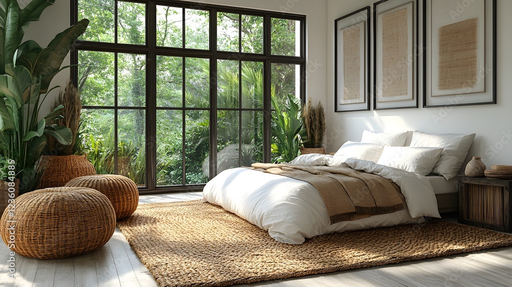 Poster coastal bedroom interior mockup white walls rattan furniture and empty frames displayed from multipl