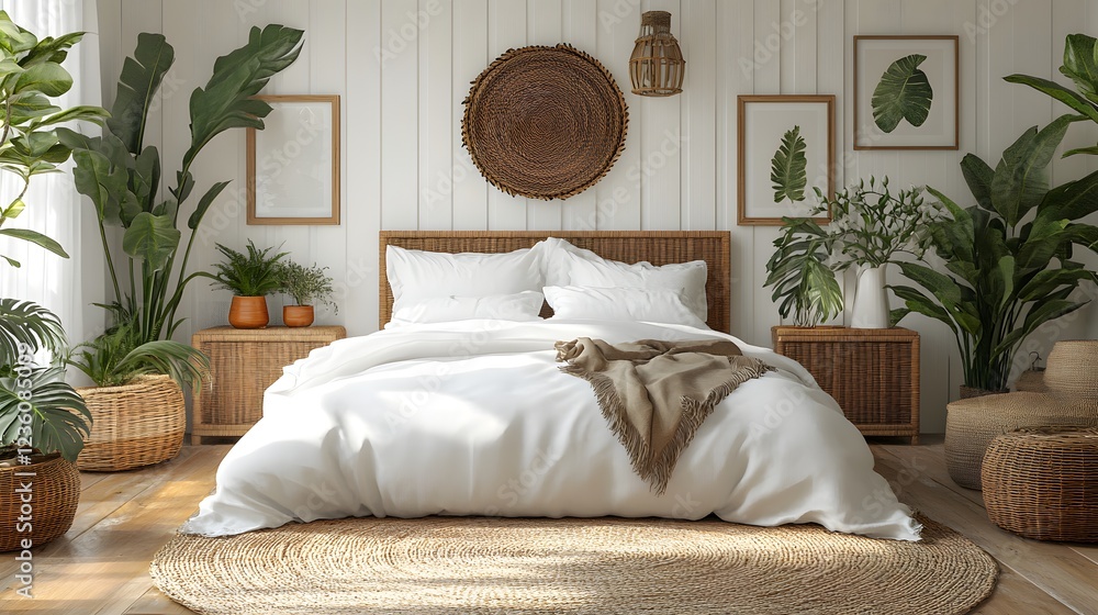 Poster coastal bedroom mockup white walls rattan furniture and empty frames the design combines natural ele