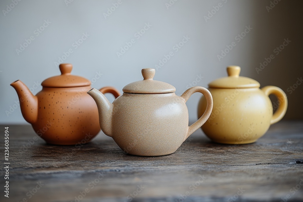 Poster three colorful teapots placed on a table, ready for use