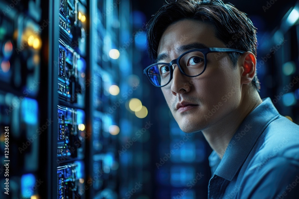 Poster a person wearing glasses and a suit stands in front of a rack filled with servers