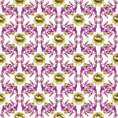 Abstract watercolor floral pattern. Bright lace ornament, purple and reddish with yellow plant elements.