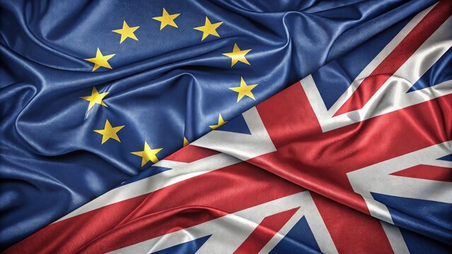 European Union and United Kingdom Flags Intertwined Symbolizing Relations and Brexit