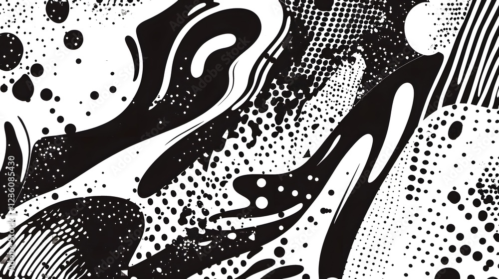 Poster A captivating abstract background featuring a chaotic and dynamic composition of monochrome textures fluid shapes swirling patterns and scattered particles