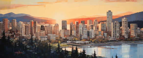 Obraz premium Vibrant Sunset Over Urban Skyline Painting