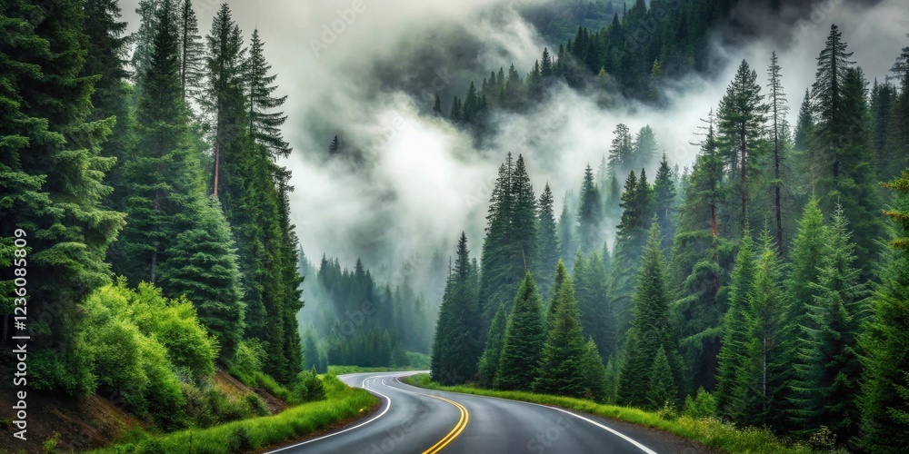Poster a winding asphalt road through a misty forest, revealing glimpses of the towering evergreen trees on