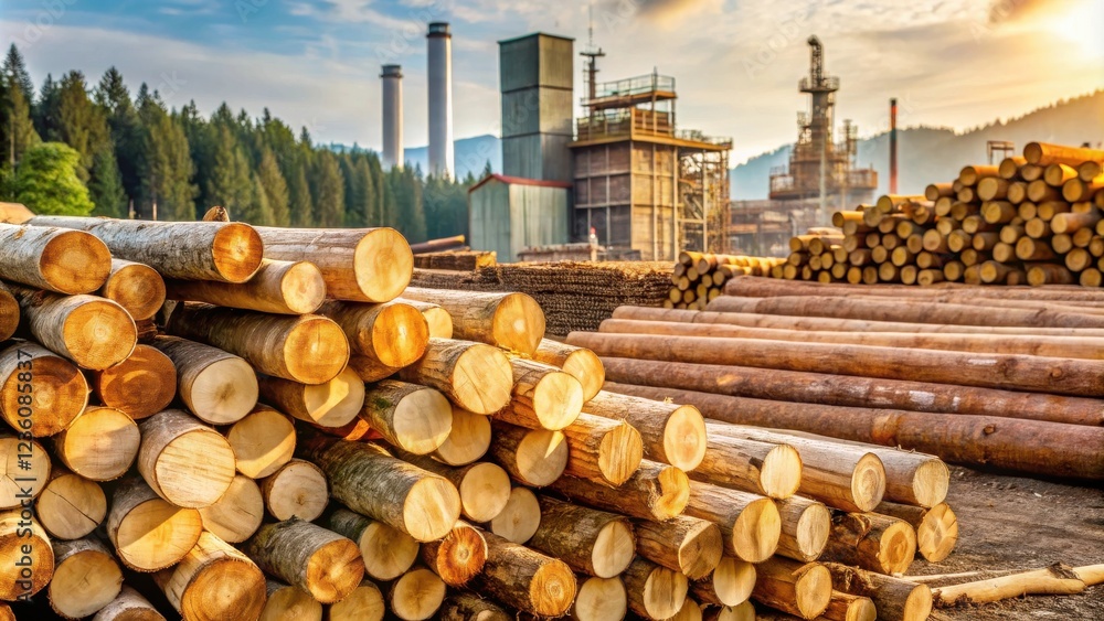 Poster stacks of freshly cut logs ready for processing at a lumber mill, with a factory in the background, 