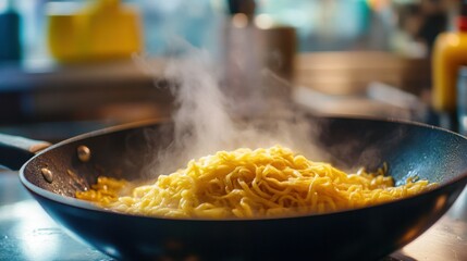 Yellow noodles sizzling in a frying pan, steam rising, with a vibrant kitchen setting in the background.