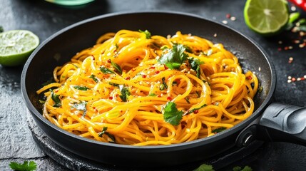 Yellow noodles in a frying pan, perfectly sauted with fresh garlic, chili flakes, and a dash of lime.