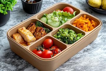A compartmentalized paper lunch box with a natural kraft finish, designed for separating meals, eco-friendly and leak-resistant