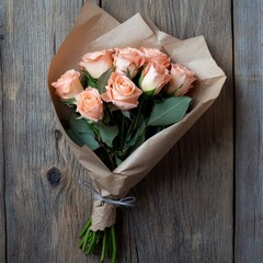 A Delicate Bouquet of Soft Peach Roses, Elegantly Wrapped in Brown Paper, Rests on a Rustic Wooden Table, Evoking Feelings of Warmth and Tranquility.