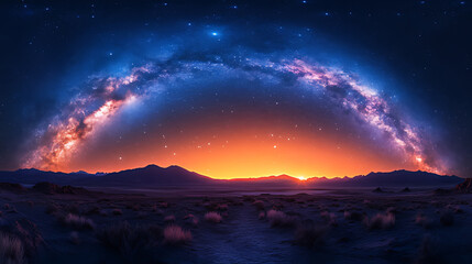 Naklejka premium Desert Milky Way sunrise panorama