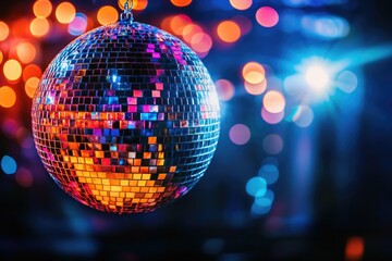 Obraz premium A single disco ball hangs from a string in a dimly lit room, creating a sense of mystery and intrigue