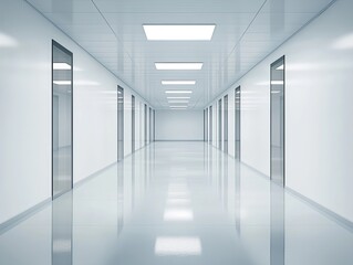 A clean and modern hallway with white walls and glass doors stretches into the distance