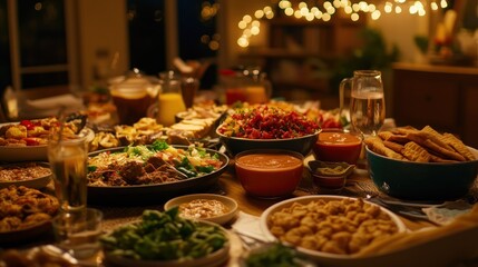 Fototapeta premium Festive family dinner table, warm lighting, cozy home, delicious food
