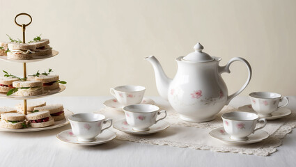 Elegant afternoon tea setup with delicate sandwiches and teapot on lace tablecloth