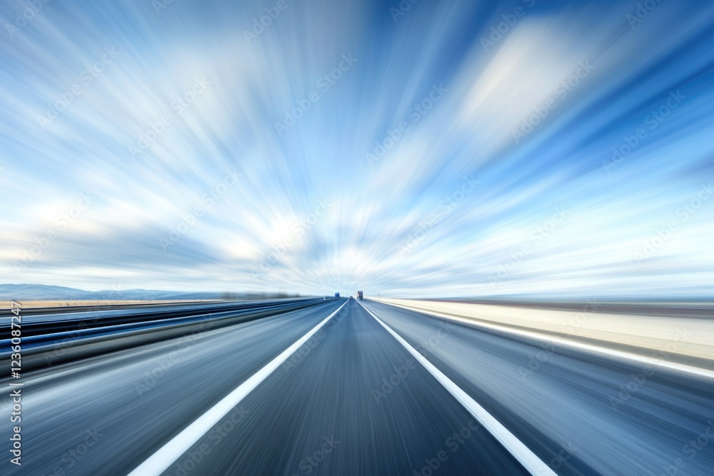 Poster a blurred image of a highway with a cloudy sky in the background