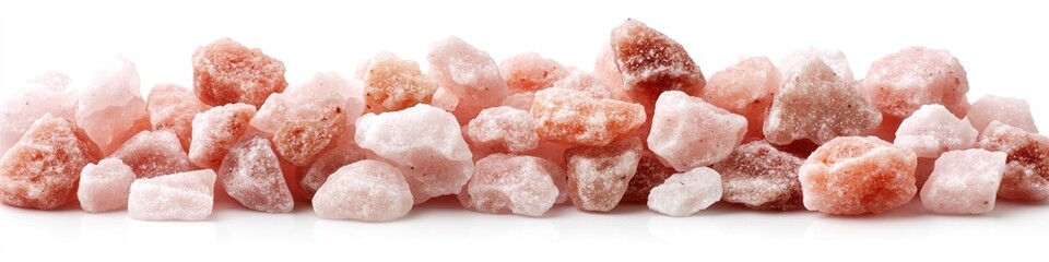 A collection of pink crystals arranged on a clean white surface, perfect for use in designs related to love, beauty, and luxury