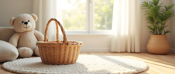 Fototapeta premium Charming Newborn Baby Room Concept: Cozy Wicker Basket, Adorable Stuffed Bear, and Natural Sunlight for a Serene Ambiance