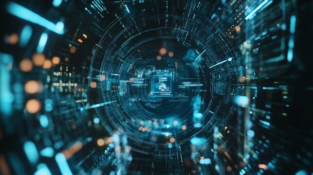 Abstract digital data stream with geometric patterns and light trails