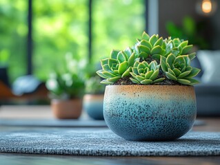 Close-up of vibrant succulent plants in a decorative pot on a table in a bright room