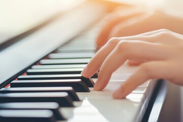 Fototapeta premium Hands playing a piano, sunlight in background, for musical performance.