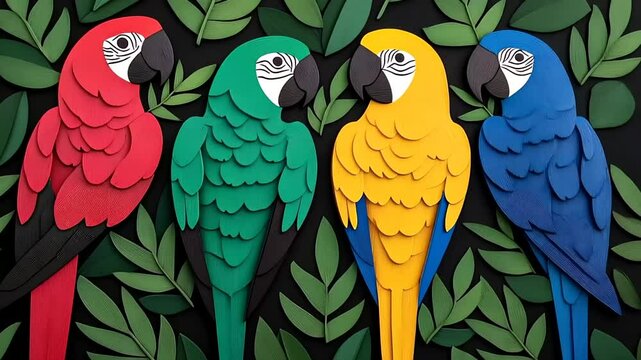 Colorful paper art parrots perched against a leafy background, symbolizing tropical themes and nature