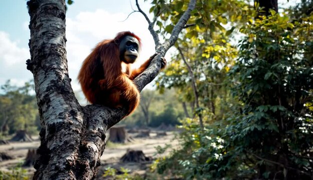 Orangutan on tree in deforested area. Wildlife conservation and environmental protection
