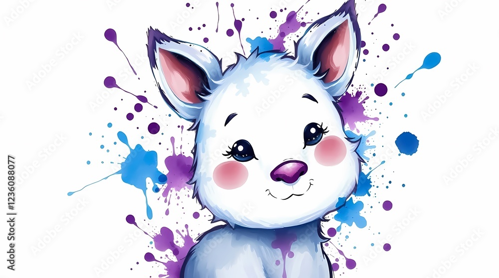 Poster cute cartoon character with vibrant splashes of color in the background during a playful artistic mo
