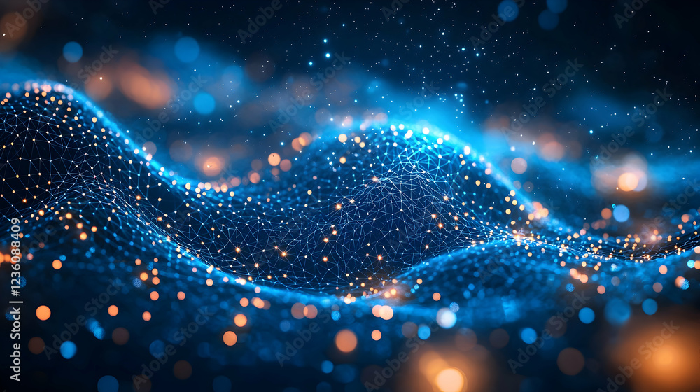 Poster abstract digital landscape with glowing particles creating a wave-like pattern