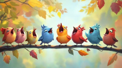 Colorful Cartoon Birds Singing on Tree Branch in Autumn Scene