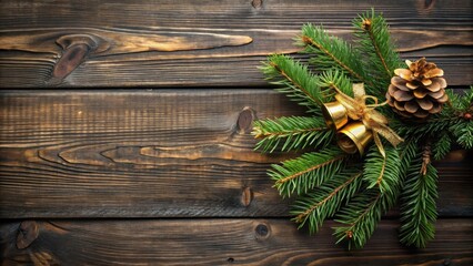 A Rustic Christmas Decoration Featuring Evergreen Branches, Pine Cones, and Golden Bells Against a Weathered Wooden Background