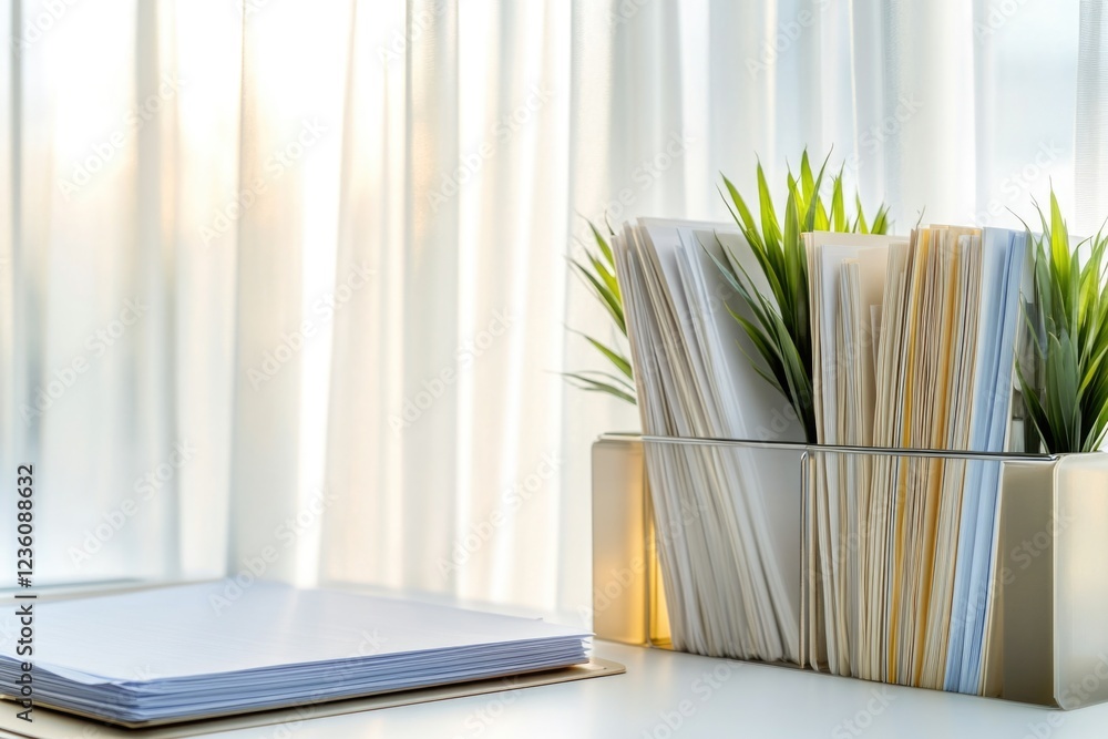 Poster A simple office setup featuring a small potted plant and an open notebook