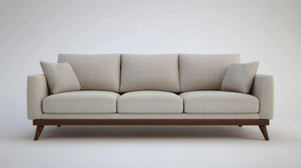 Modern three seater sofa with light fabric and brown wooden frame and legs