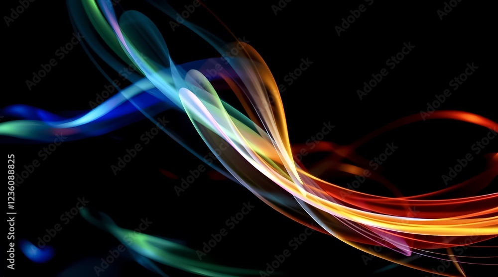 Poster colorful light trails creating dynamic patterns in a dark background. generative ai