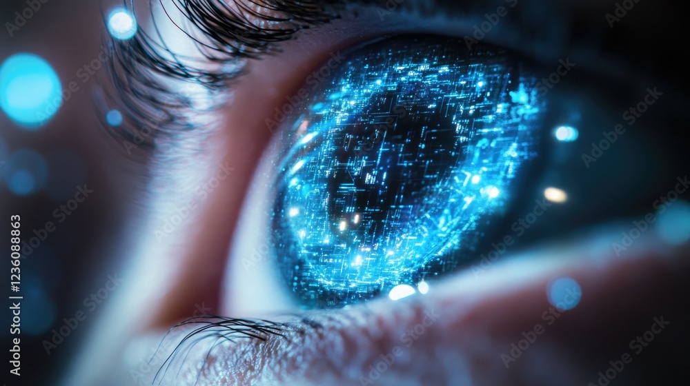 Poster a close-up shot of a person's eye with blue lights in the background, suitable for use in science fi