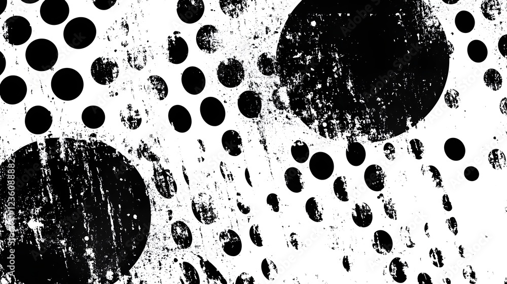 Poster A moody and atmospheric black and white grunge texture with overlapping circular shapes abstract brush strokes and a distressed aged appearance  This contemporary