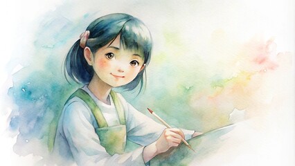 Charming watercolor illustration of a young child painting on a canvas,  AI generated