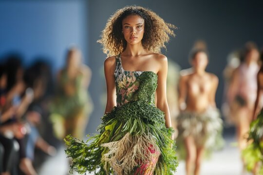 Model strutting on the catwalk in a green dress, suitable for fashion show or editorial use