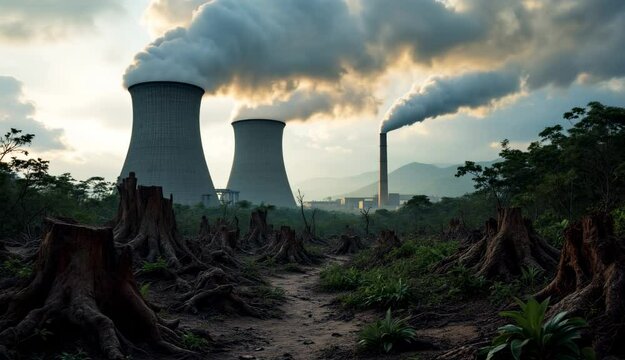 Power plant cooling towers with deforested land. Environmental impact and industrial themes