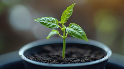 A close-up view of a small plant growing in a pot, perfect for use as a background or to illustrate gardening and nature-related themes