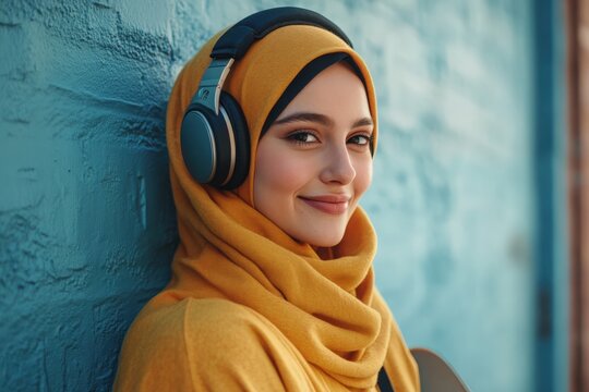 Man examining a skateboard in workshopMixed race woman wearing hijab and yellow jumper out and about in the city, smiling with wireless headphones on leaning against blue wall