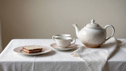 Elegant tea set with bread on a table, showcasing a calm morning ambiance in a cozy interior setting