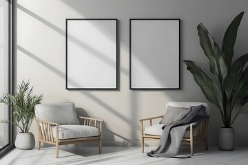 A modern, minimalist living space with two chairs, blank frames, and a large plant.