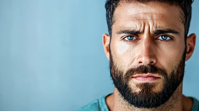 A Caucasian man with a beard gazes intensely, symbolizing confidence and introspection, ideal for concepts like masculinity or Father's Day promotions