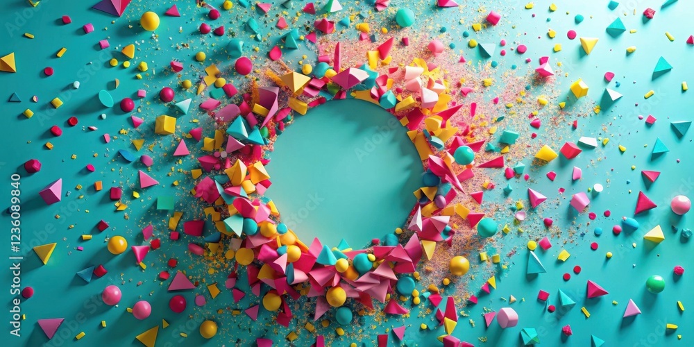 Poster Abstract geometric shapes scattered across a bright blue background creating a circular opening with a sprinkle of yellow and pink dust particles.